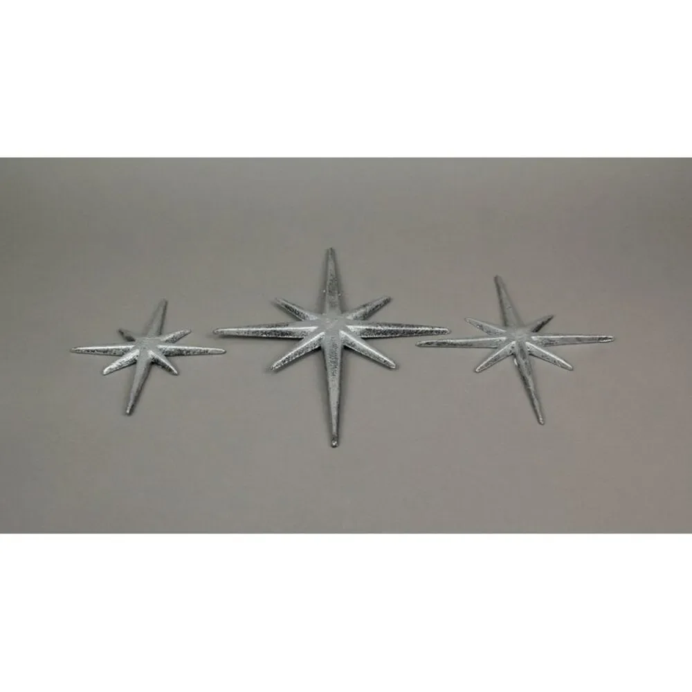 Set of 3 Large Metallic Silver Cast Iron 8 Pointed Star Starburst Wall Hangings